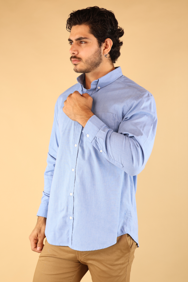 Camisa Manga Larga Azul Para Caballero Corte Regular Elegante De Algodón